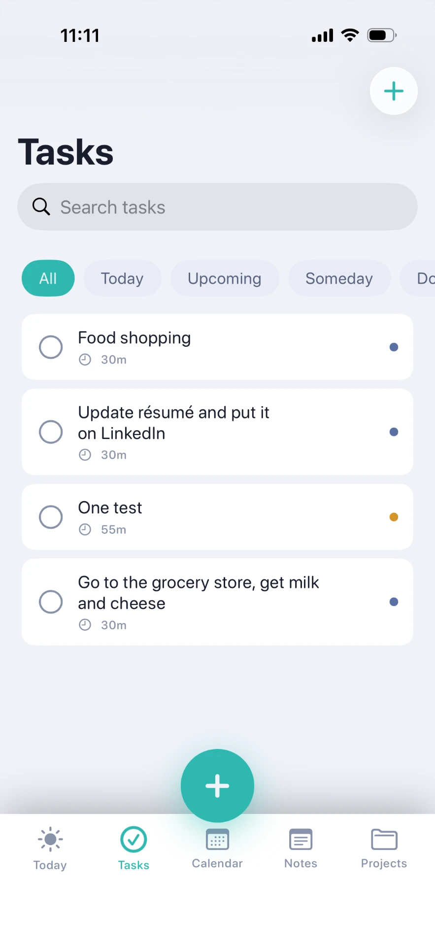 Flint Tasks screen with filters for Today, Upcoming, Someday and Done