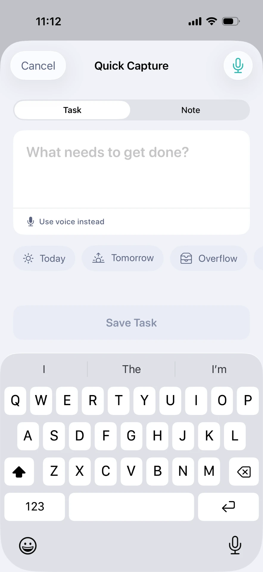 Flint quick capture screen for adding a task or note by voice