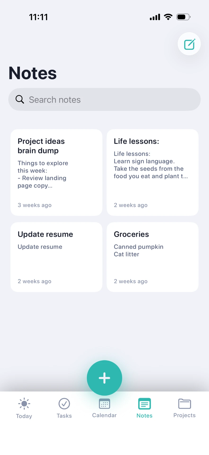 Flint Notes screen showing brain dump notes in a card grid